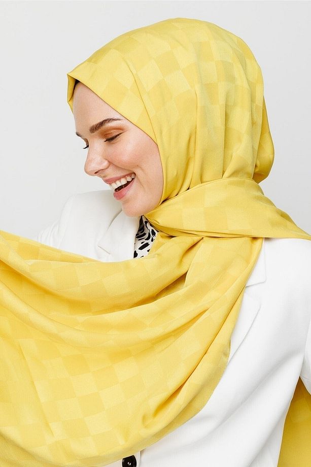 Sarı Dama Desen Ipeksi Jakar Şal - 4