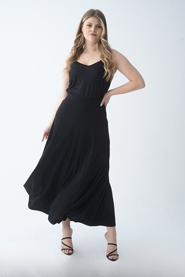 Plus Size Black Long Skirt with Elastic Waist