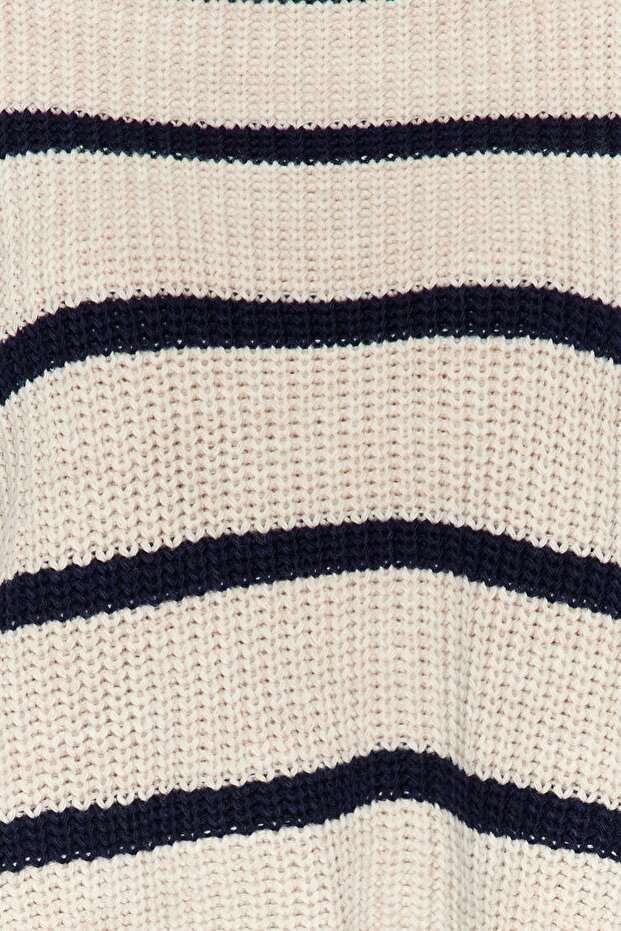 Bej Crop Geniş Kalıp Basic Çizgili Triko Kazak TWOAW23KZ00390 - 3