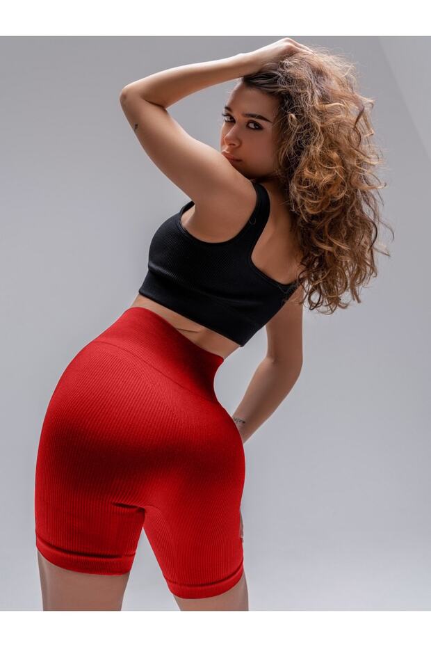 Dublin Model High Waist Ribbed Seamless Biker Shorts Red Color027