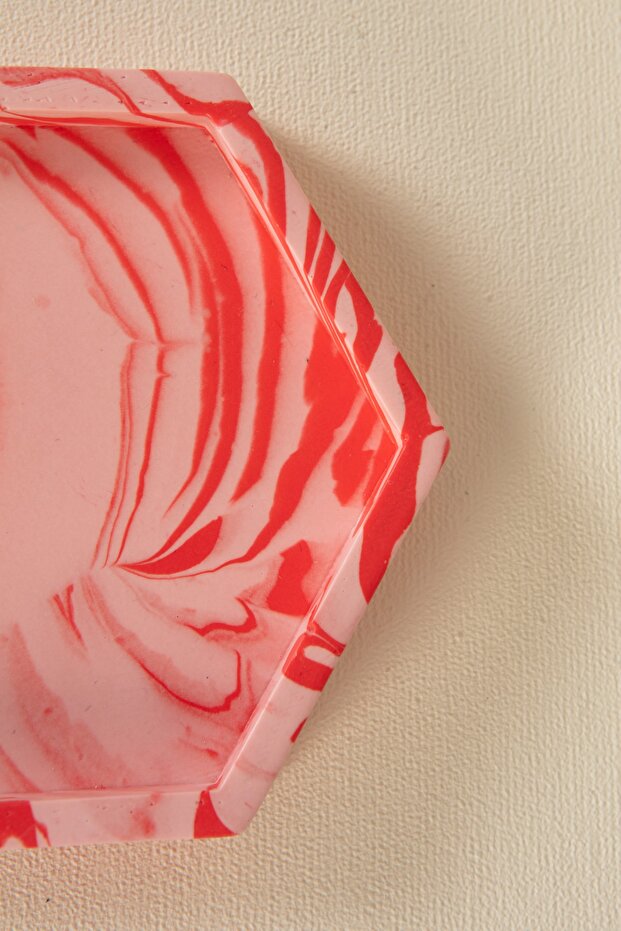 قاعدة أكواب خرسانية من الرخام الوردي السداسي الشكل / حامل / صينية عرض تقديمي - 5