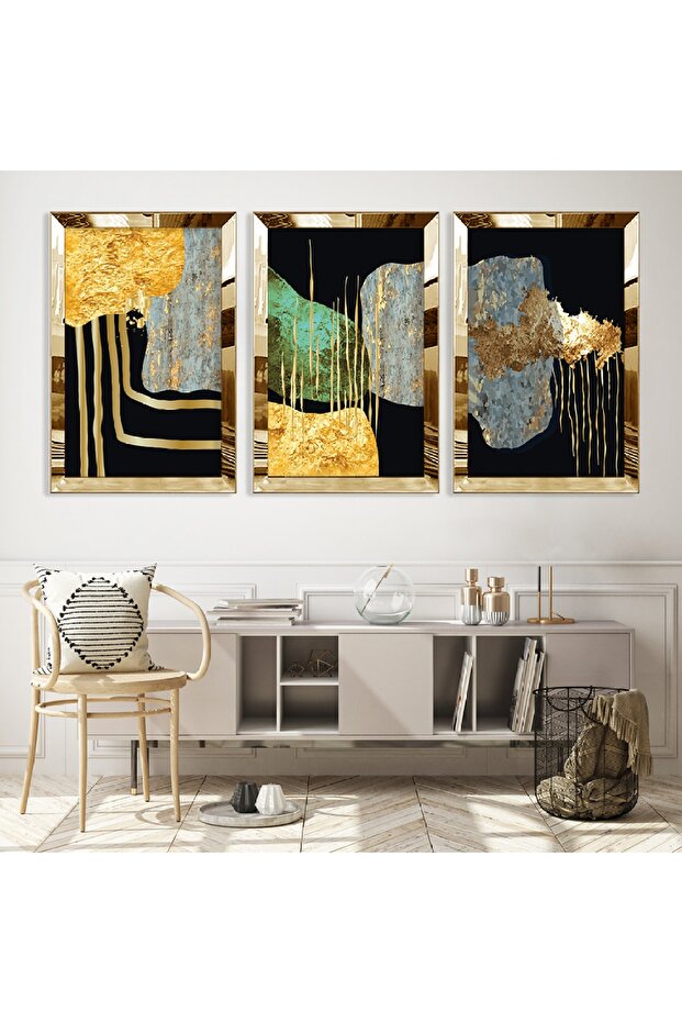 مجموعة رسم ثلاثية من MDF بإطار من زجاج شبكي عاكس ذهبي
