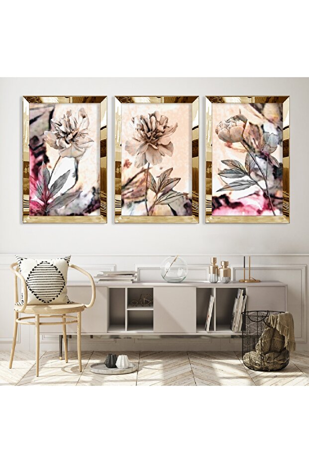 Gold Mirrored Plexiglass Framed Collage Drawing Flower Triple Mdf Painting Set