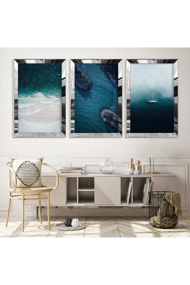 Blue Color Triple Mdf Table Set with Silver Mirrored Plexiglass Frame