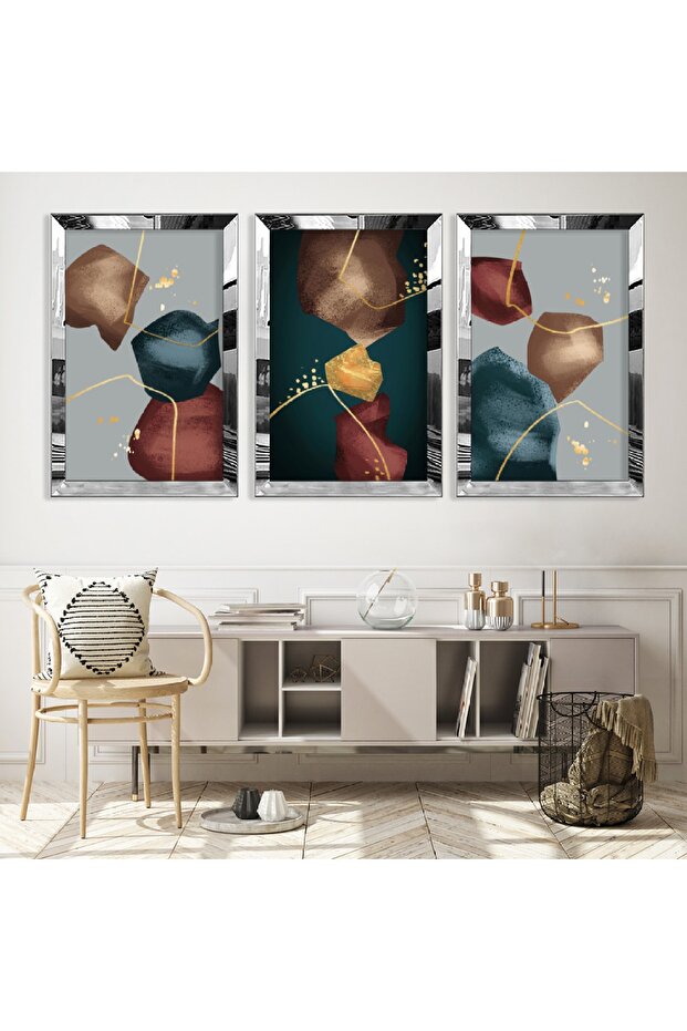 Minimalist Triple Abstract Pattern Triple Mdf Table Set with Silver Mirrored Plexi Frame