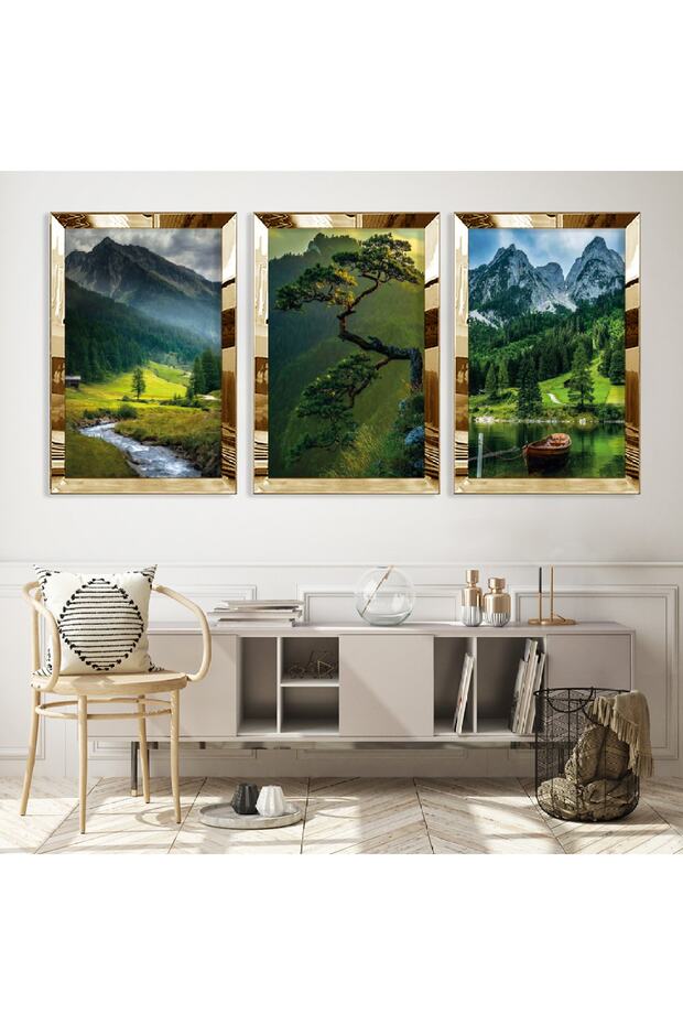 Gold Mirrored Plexiglass Framed Nature Landscape Triple Mdf Painting Set
