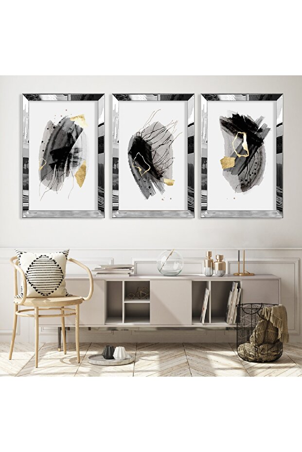 Triple Abstract Pattern Triple Mdf Table Set with Silver Mirrored Plexi Frame