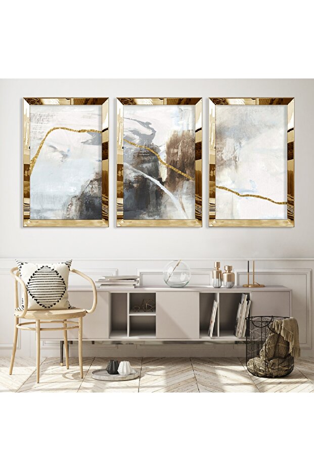 Gold Mirrored Plexiglass Framed Abstract Pattern Triple Mdf Table Set