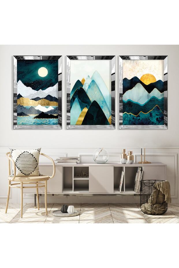 مجموعة رسم ثلاثية من MDF بإطار من زجاج شبكي عاكس فضي
