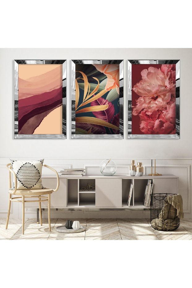 Colorful Flower Triple Mdf Table Set with Silver Mirrored Plexi Frame