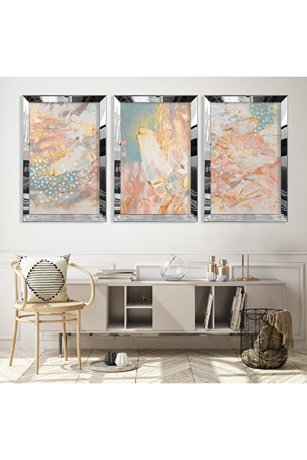 Triple Abstract Pattern Triple Mdf Table Set with Silver Mirrored Plexi Frame