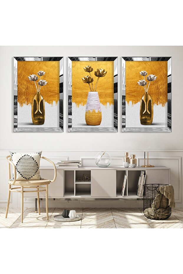 Triple Abstract Pattern Triple Mdf Table Set with Silver Mirrored Plexi Frame