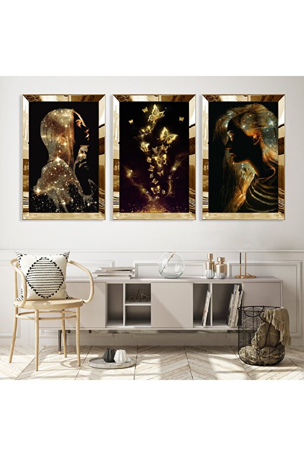 Gold Women and Butterfly Triple Mdf Painting Set with Gold Mirrored Plexiglass Frame Background