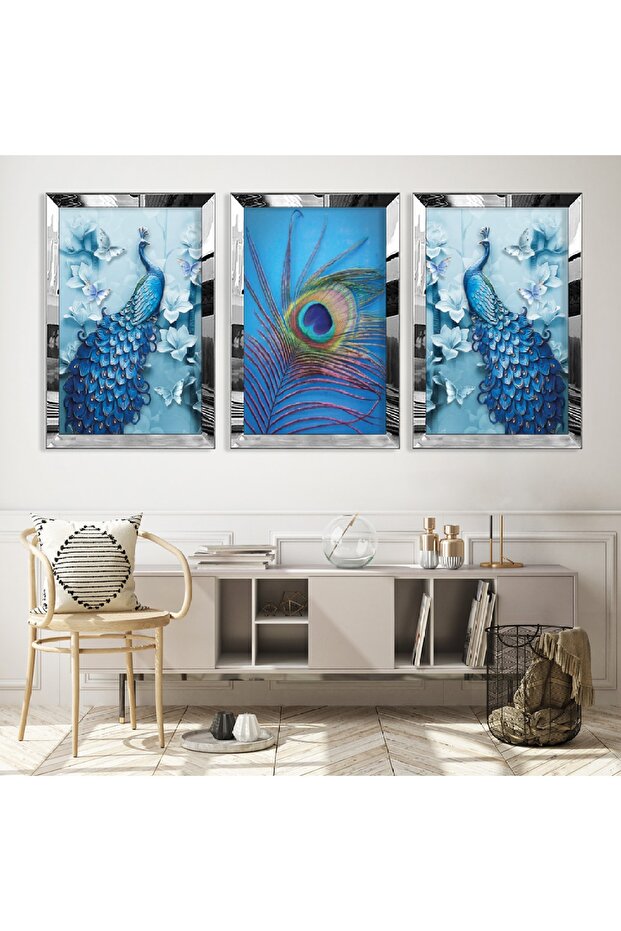Blue Peacock Triple Mdf Table Set with Silver Mirrored Plexiglass Frame