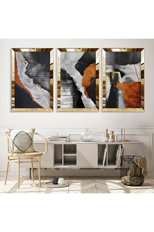 Gold Mirrored Plexiglass Framed Abstract Pattern Triple Mdf Table Set