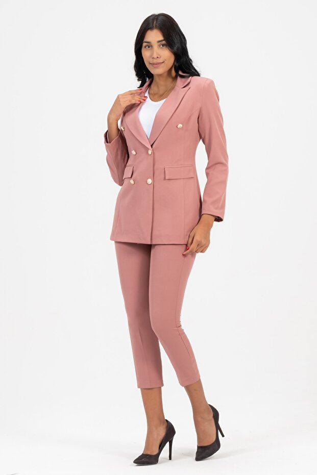 Women's Blazer Jacket Belted Pocketed Straight-Leg Trousers Set