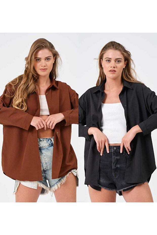 modazoom Kadın Kahverengi Ve Siyah 2' Li Oversize Uzun Basıc Gömlek