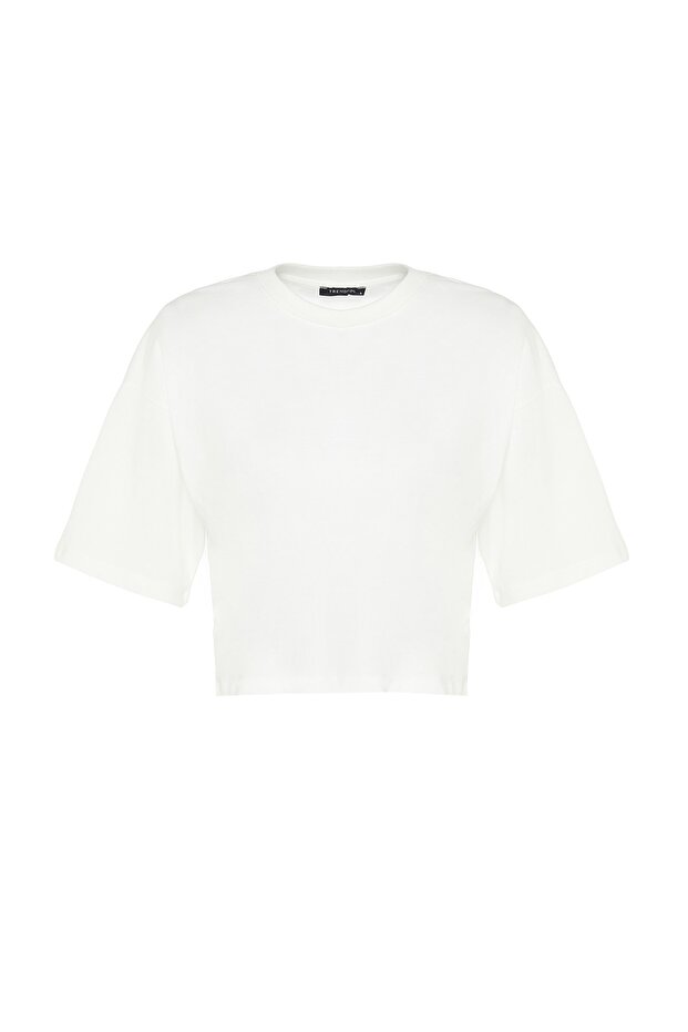 Ekru Relaxed/Rahat Kalıp %100 Kalın Pamuklu Crop Örme T-Shirt TWOSS23TS00038 - 7