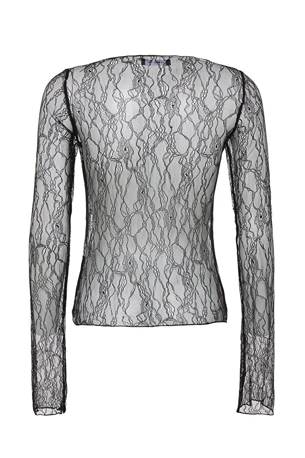 Černá regular fit halenka s lodičkovým výstřihem a krajkovým pružným pletením TWOSS23BZ00795 - 8