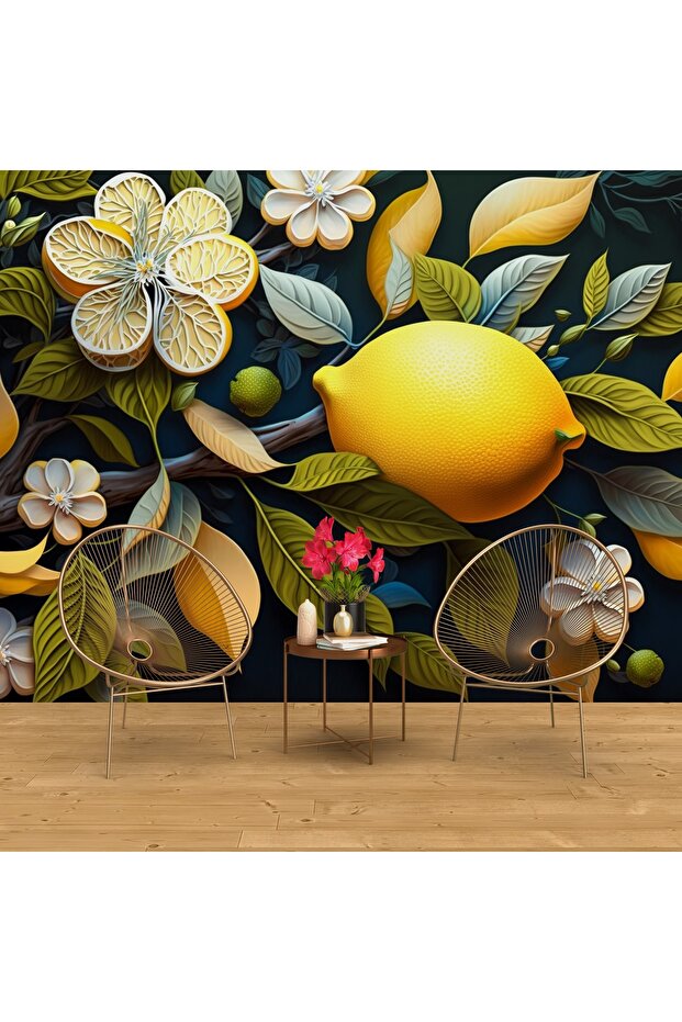 3d Limon Ve Çicekler Yağlı Boya Tarzı Duvar Kağıdı - Cafe & Restoran Modern Duvar Dekoru Tek Parça - 5