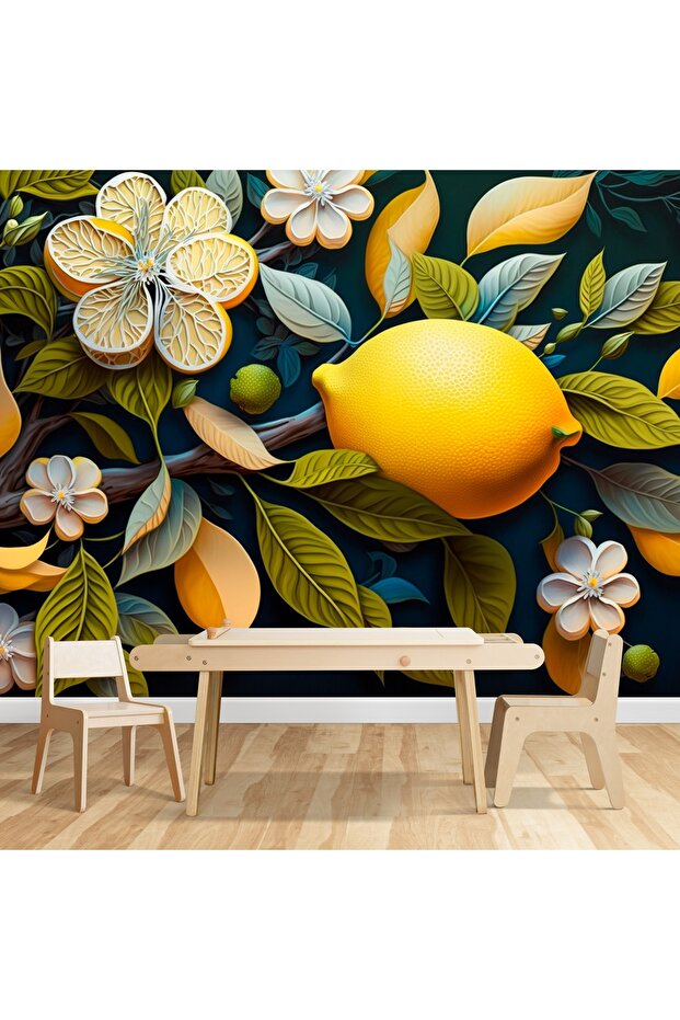 3d Limon Ve Çicekler Yağlı Boya Tarzı Duvar Kağıdı - Cafe & Restoran Modern Duvar Dekoru Tek Parça - 7
