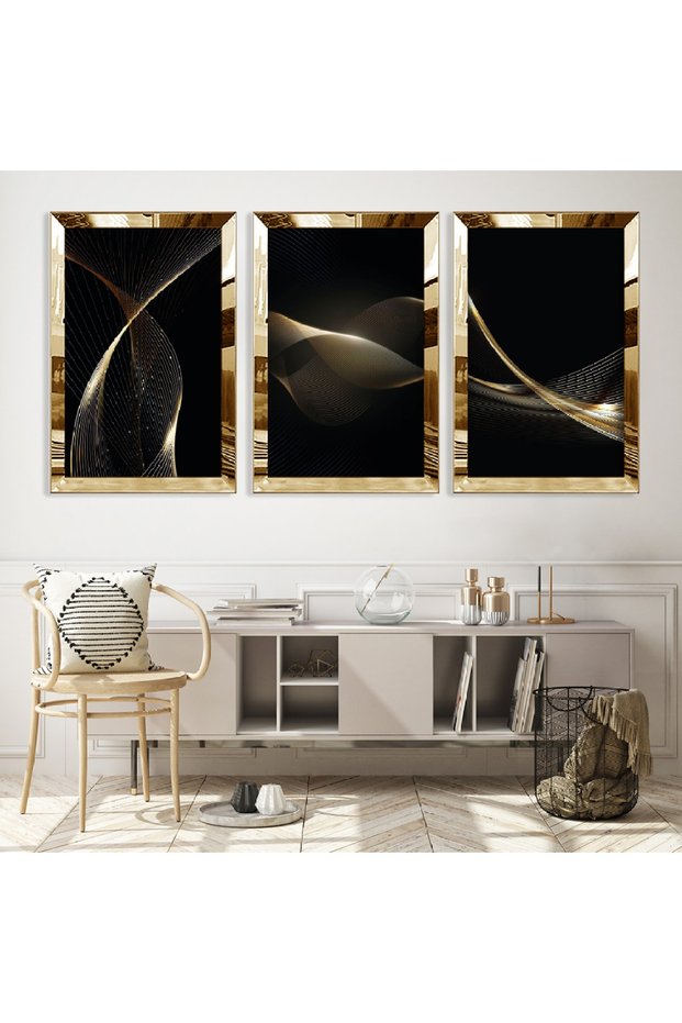 Black Color Triple Mdf Table Set with Gold Mirrored Plexi Frame
