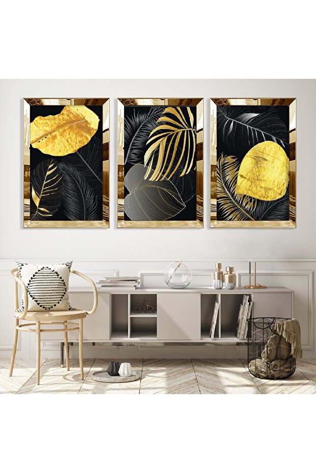 مجموعة رسم ثلاثية من MDF بإطار من زجاج شبكي عاكس ذهبي