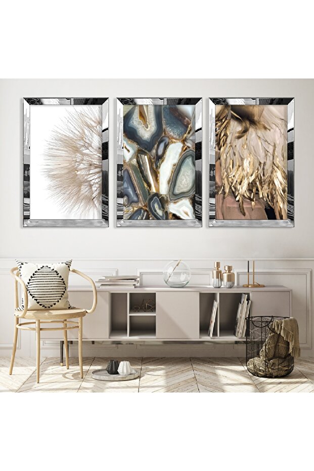 Triple Abstract Pattern Triple Mdf Table Set with Silver Mirrored Plexi Frame