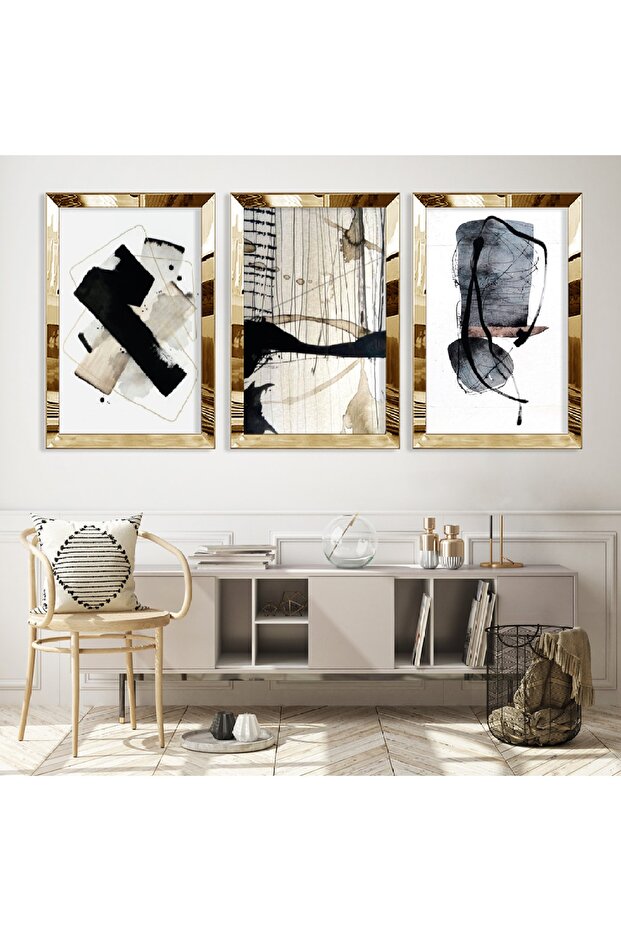 مجموعة رسم ثلاثية من MDF بإطار من زجاج شبكي عاكس ذهبي