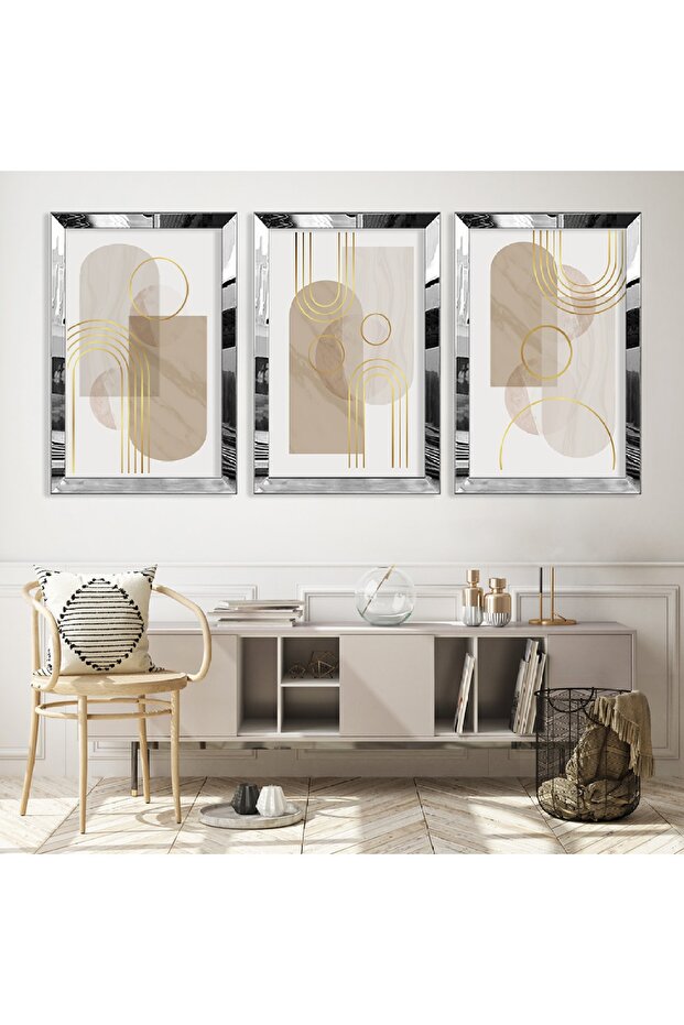 Silver Mirrored Plexiglass Framed Triple Abstract Pattern Shapes Triple Mdf Table Set
