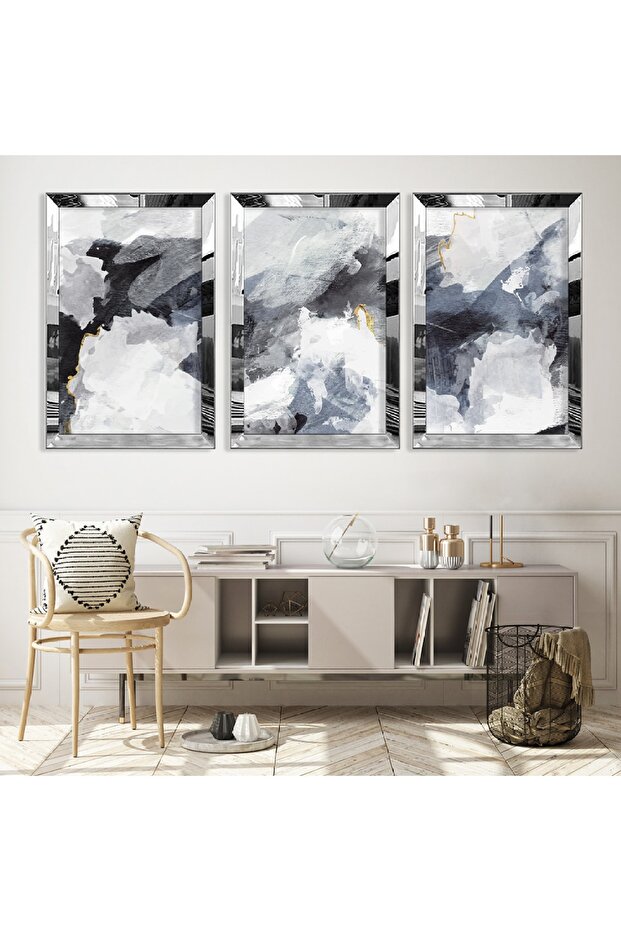 Triple Abstract Pattern Triple Mdf Table Set with Silver Mirrored Plexi Frame