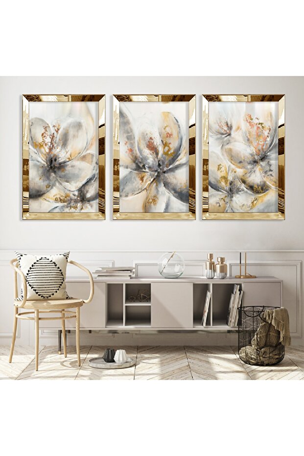 Gold Mirrored Plexiglass Framed Collage Drawing Gray Flower Triple Mdf Painting Set
