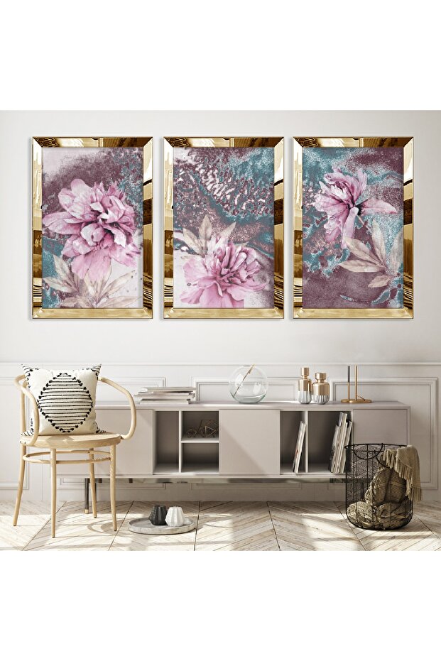 Gold Mirrored Plexiglass Framed Collage Drawing Flower Triple Mdf Painting Set