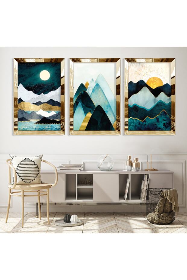 مجموعة رسم ثلاثية من MDF بإطار من زجاج شبكي عاكس ذهبي