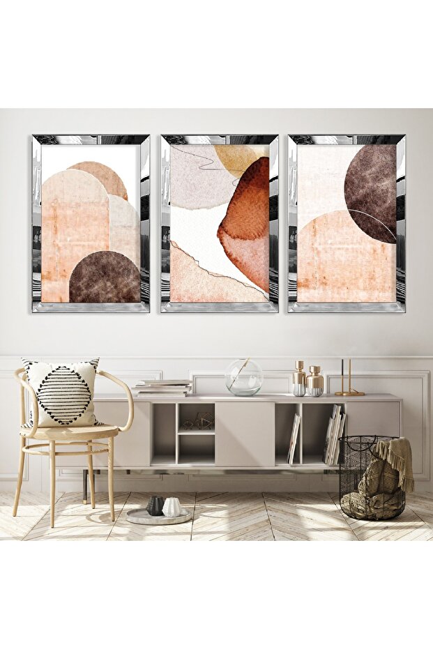 مجموعة رسم ثلاثية من MDF بإطار من زجاج شبكي عاكس فضي