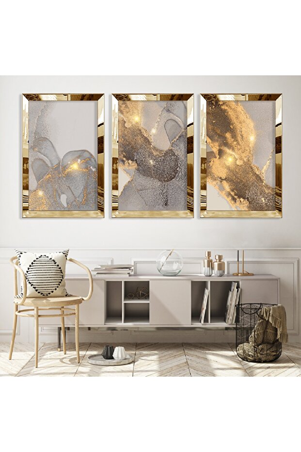 Gold Mirrored Plexiglass Framed Collage Drawing Flower Triple Mdf Painting Set