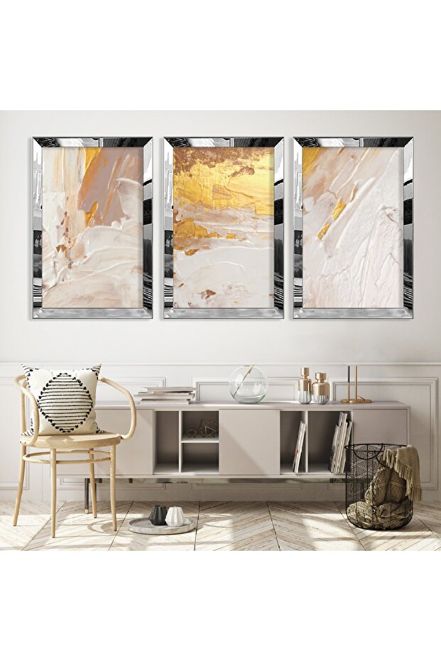 Triple Abstract Pattern Triple Mdf Table Set with Silver Mirrored Plexi Frame