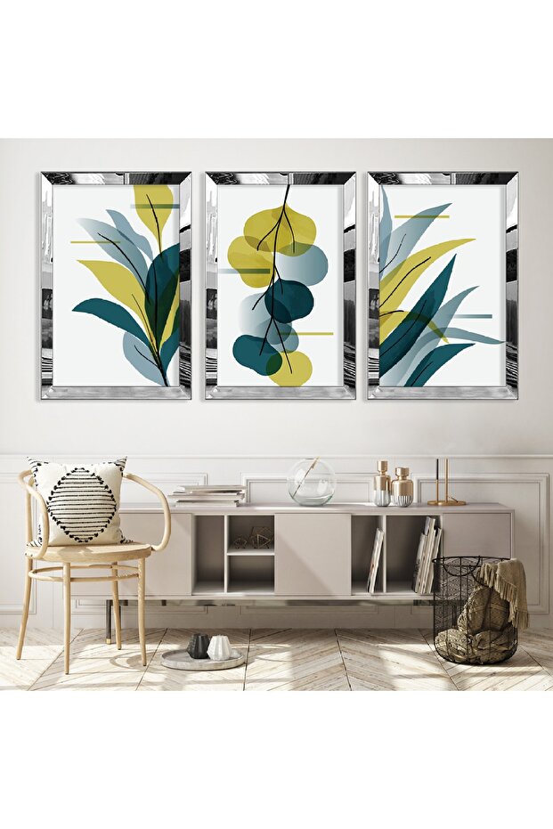 Triple Abstract Pattern Triple Mdf Table Set with Silver Mirrored Plexi Frame