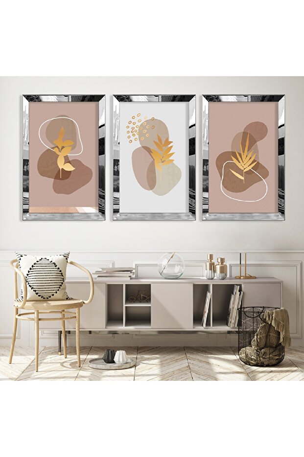 Silver Mirrored Plexiglass Framed Triple Abstract Pattern Shapes Triple Mdf Table Set