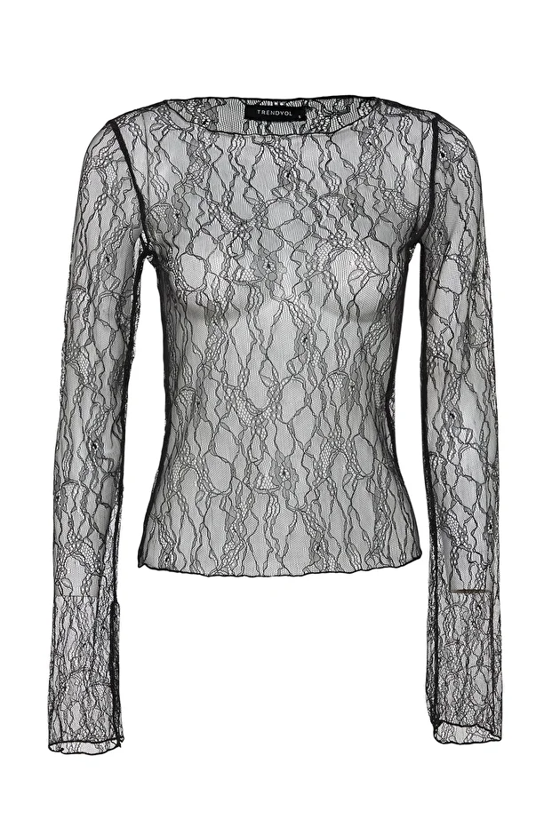 Černá regular fit halenka s lodičkovým výstřihem a krajkovým pružným pletením TWOSS23BZ00795 - 6