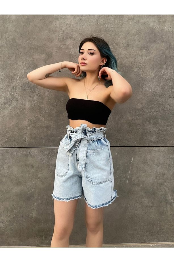 Yüksek Bel Lastikli Jean Şort Mavi - 1