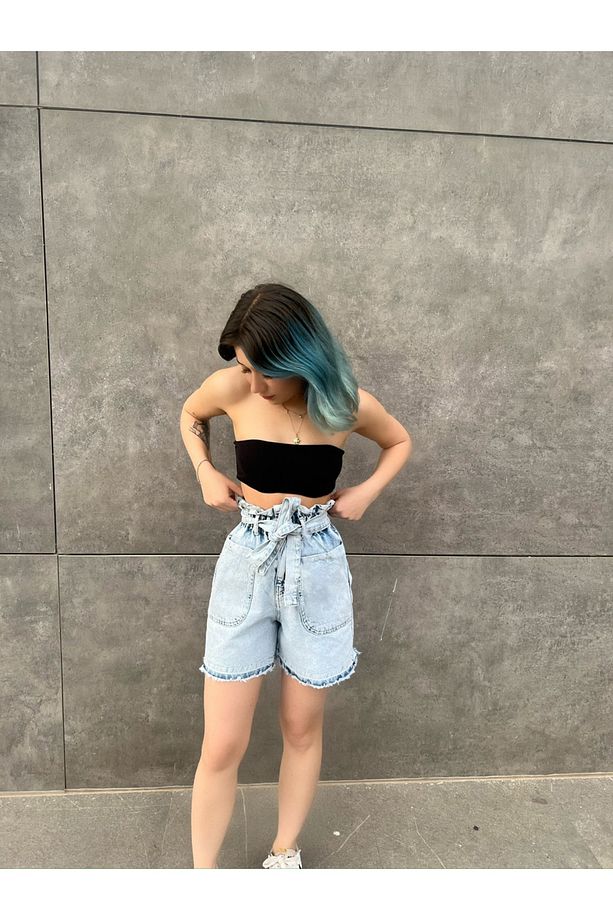 Yüksek Bel Lastikli Jean Şort Mavi - 3