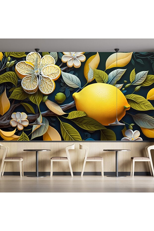 3d Limon Ve Çicekler Yağlı Boya Tarzı Duvar Kağıdı - Cafe & Restoran Modern Duvar Dekoru Tek Parça - 4