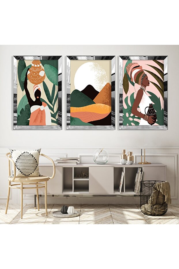 Triple Abstract Pattern Triple Mdf Table Set with Silver Mirrored Plexi Frame