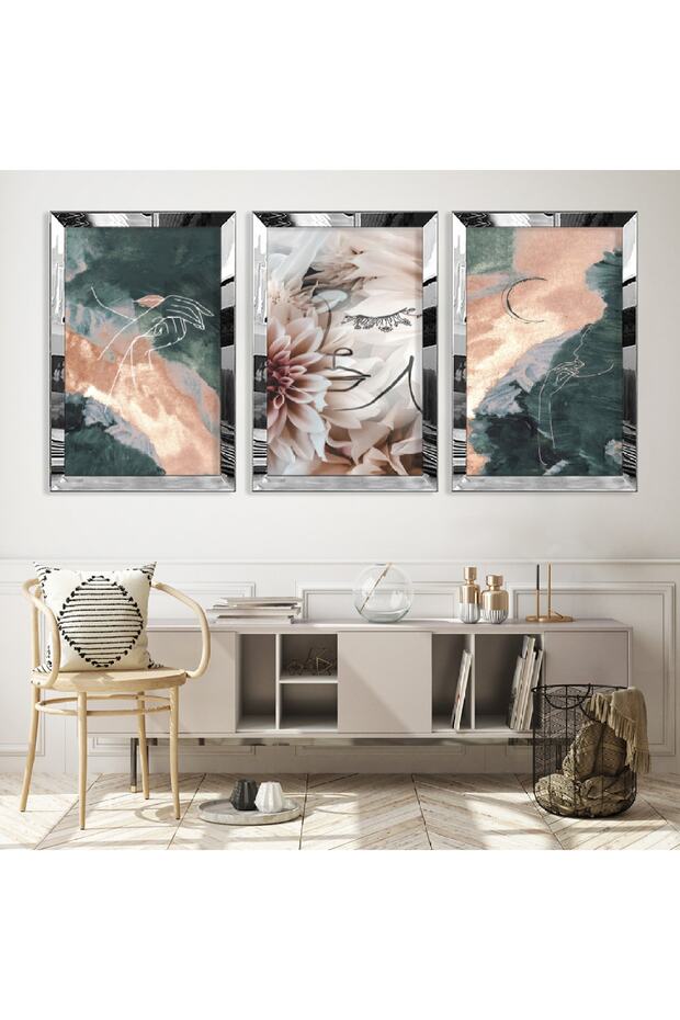 مجموعة رسم ثلاثية من MDF بإطار من زجاج شبكي عاكس فضي