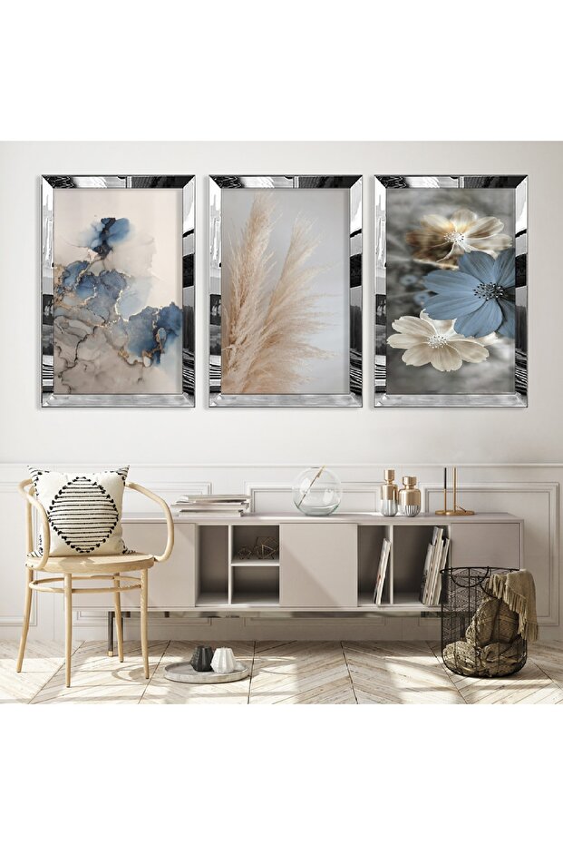 Colorful Flower Triple Mdf Table Set with Silver Mirrored Plexi Frame