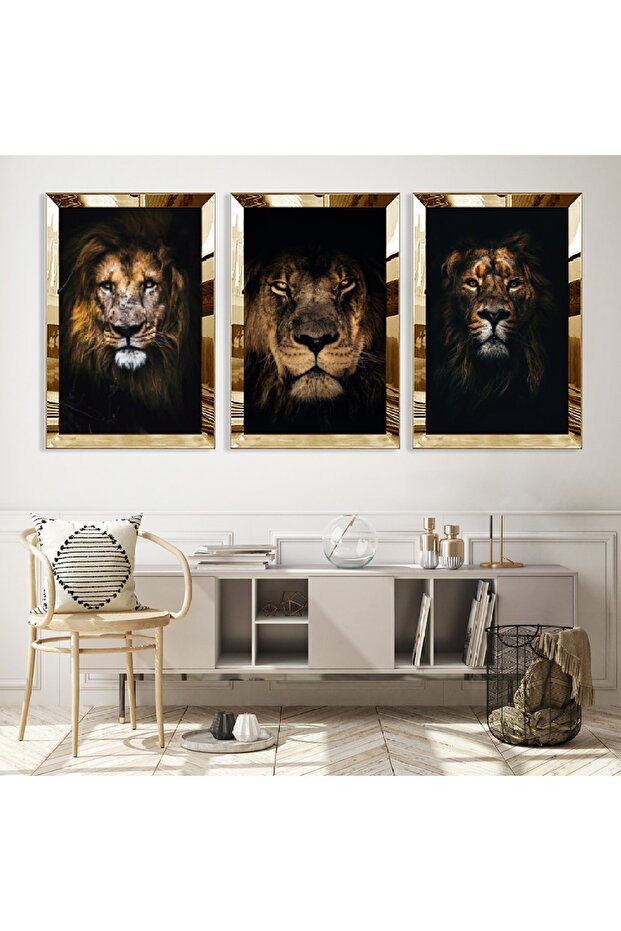 Gold Mirrored Plexi Framed King of the Jungle Lion Triple Mdf Table Set