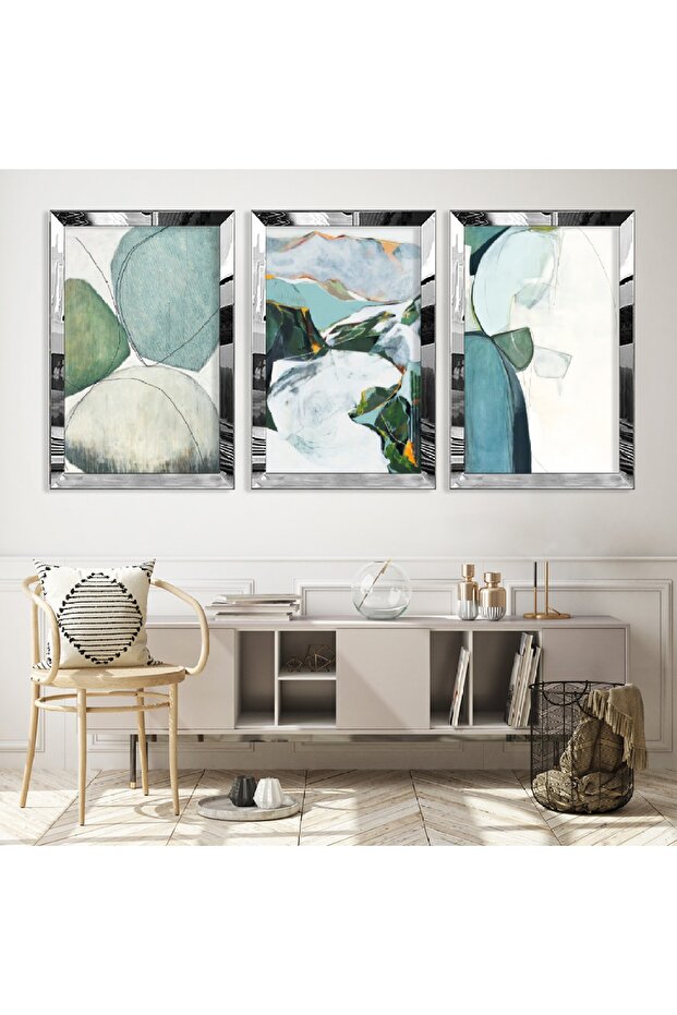 Triple Abstract Pattern Triple Mdf Table Set with Silver Mirrored Plexi Frame