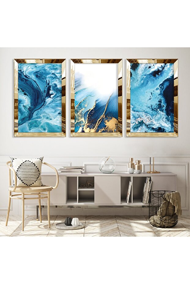 Gold Mirrored Plexi Framed Blue Patterned Triple Mdf Table Set