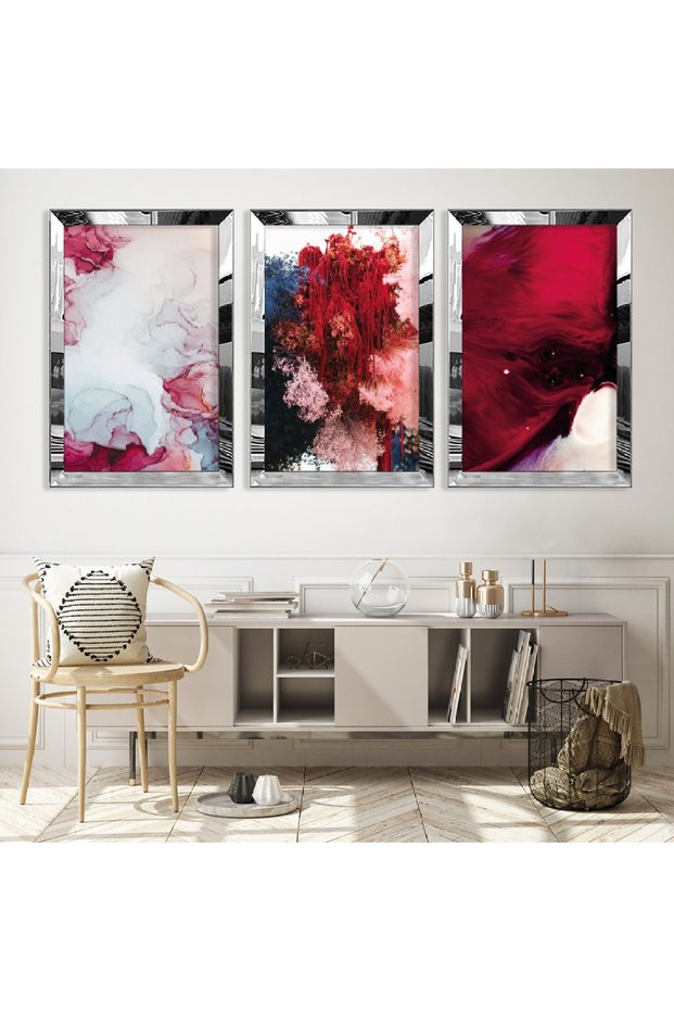 Colorful Triple Mdf Table Set with Silver Mirrored Plexiglass Frame